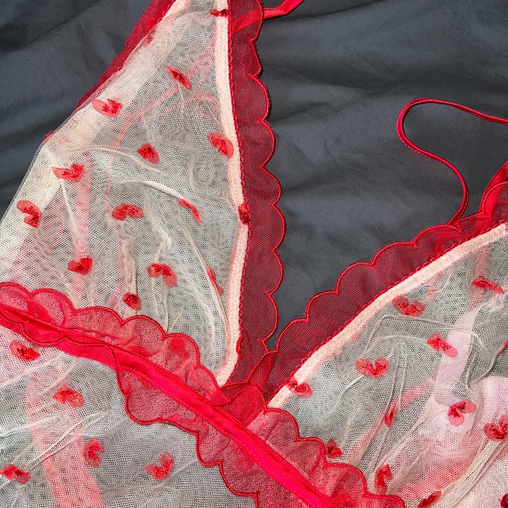 Victoria Secret Red white  Mesh Bodysuit w/ small red heart pop up pattern